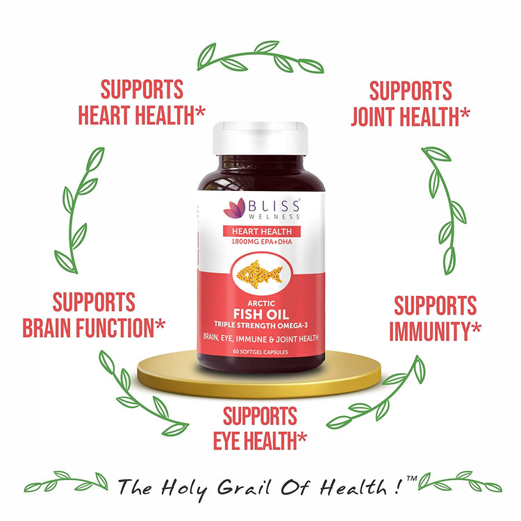Bliss Welness CardioBliss Absolute Fish Oil Triple 3X Strength 2500mg | 1100mg EPA 700mg DHA 200mg Other Omega 3 6 9 Fatty Acid | Cold Pressed Molecular Distilled Burp Free | Brain Heart Joints Eye Muscle Build Skin Health Supplement - 60 Softgel Caps - Bliss Welness