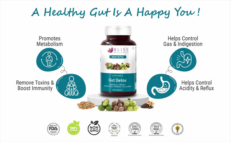 Bliss Welness DetoxBliss Gut Detox Tablet Health Cleanse Purify | Probiotics Trikatu Triphala Avipattikar | Stomach Health Digestion Metabolism Toxin Removal Acidity Gas Control Herbal Supplement - Bliss Welness