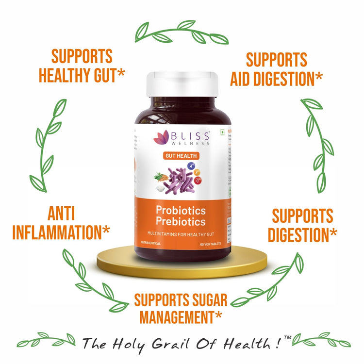 Bliss Welness GutBliss Gold Probiotics Multivitamin | Vitamin A C E Probiotics | Stomach Health Digestion Metabolism Toxin Removal Acidity Gas Control Herbal Supplement - 60 Veg Tablets Supplement - Bliss Welness