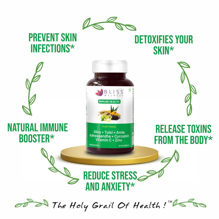 Bliss Welness ImmuneBliss Absolute Ayurvedic Herbal Combo With Tulsi Amla & Turmeric Extract Curcumin Vegan Immunity Booster Supplement - 60 Vegetarian Tablets - Bliss Welness