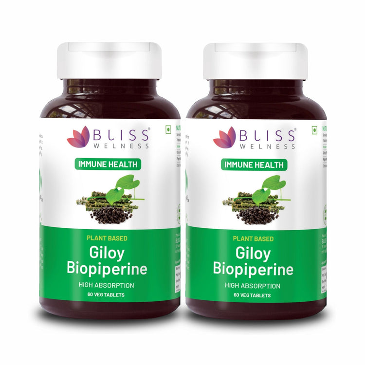 Bliss Welness ImmuneBliss Giloy Immunity Booster Blood Purification | Pure Giloy Extract 1000mg with BioPiperine 95% 10mg | High Absorption Ayurvedic Antioxidant Joint Health Sugar Management Supplement - 60 Vegetarian Tablets - Bliss Welness