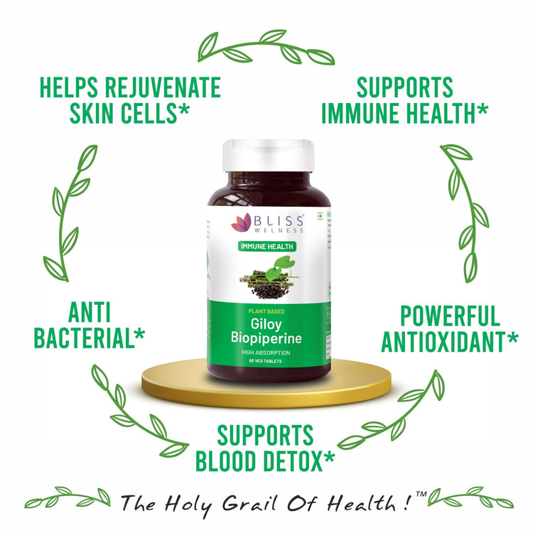 Bliss Welness ImmuneBliss Giloy Immunity Booster Blood Purification | Pure Giloy Extract 1000mg with BioPiperine 95% 10mg | High Absorption Ayurvedic Antioxidant Joint Health Sugar Management Supplement - 60 Vegetarian Tablets - Bliss Welness