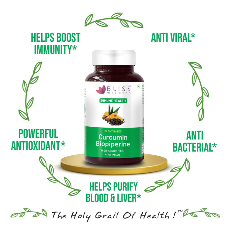 Bliss Welness ImmuneBliss Gold Immunity Boost Anti Inflammatory | Pure Curcumin 95% Extract + Turmeric Extract with BioPiperine 10mg | Heart Brain Joint Health Antioxidant High Absorption Supplement - 60 Vegetarian Tablets - Bliss Welness