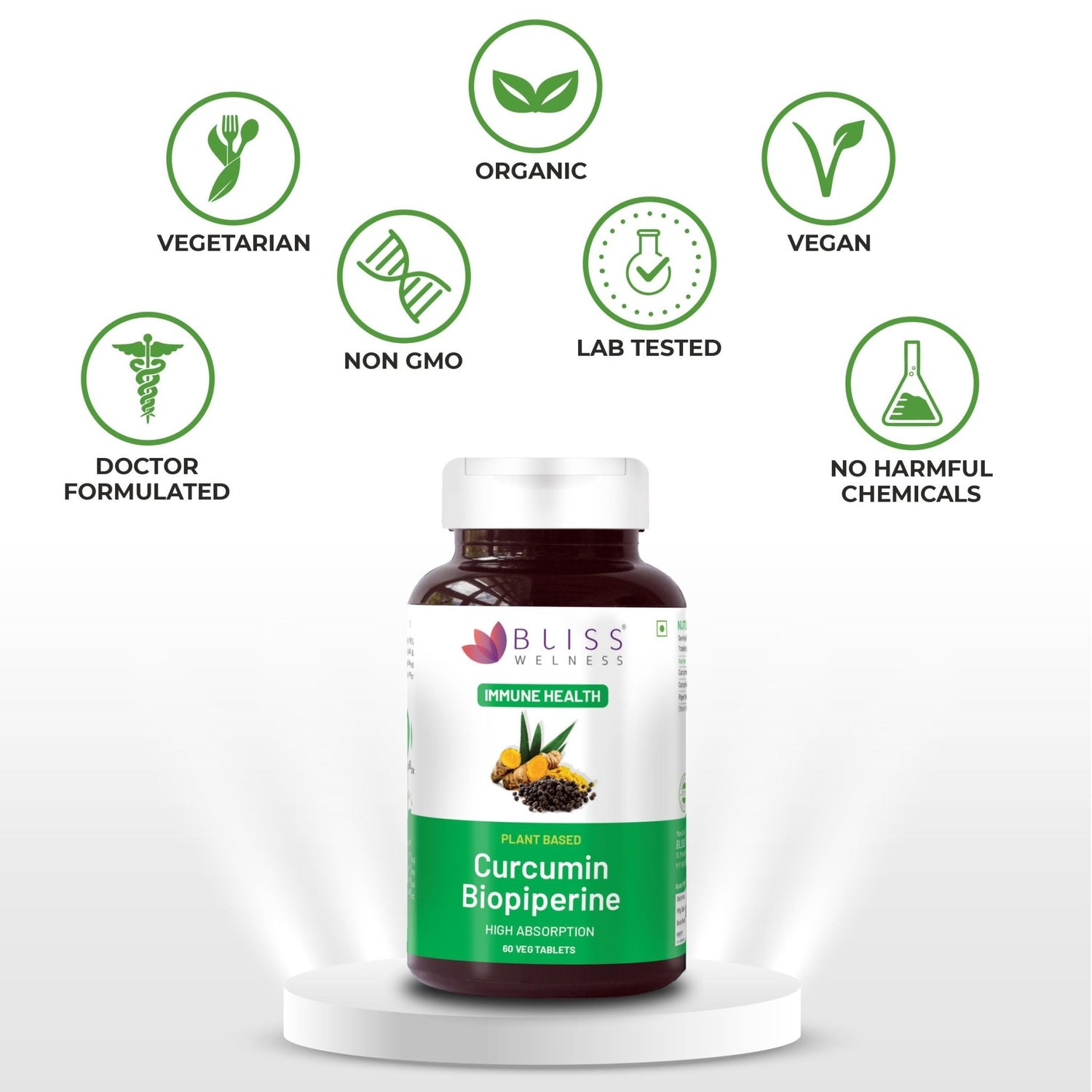 Bliss Welness ImmuneBliss Gold Immunity Boost Anti Inflammatory | Pure Curcumin 95% Extract + Turmeric Extract with BioPiperine 10mg | Heart Brain Joint Health Antioxidant High Absorption Supplement - 60 Vegetarian Tablets - Bliss Welness