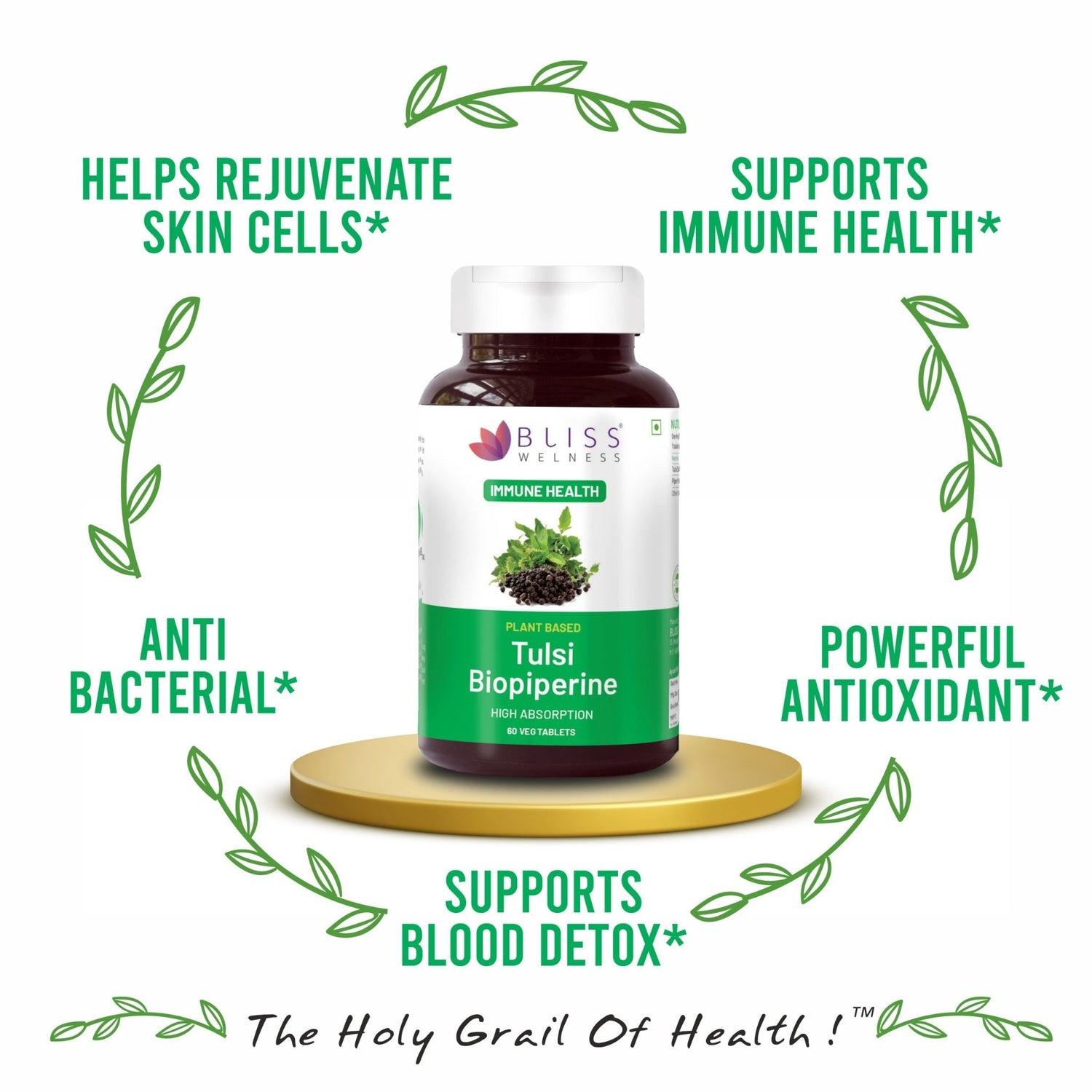 Bliss Welness ImmuneBliss Immunity Booster Respiratory Wellness | Pure Tulsi (Tulsi / Holy Basil) Extract 600mg with Piperine 10mg | Cough & Cold Care Supplement - 60 Veg Tablets - Bliss Welness