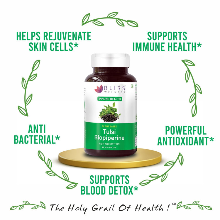 Bliss Welness ImmuneBliss Immunity Booster Respiratory Wellness | Pure Tulsi (Tulsi / Holy Basil) Extract 600mg with Piperine 10mg | Cough & Cold Care Supplement - 60 Veg Tablets - Bliss Welness