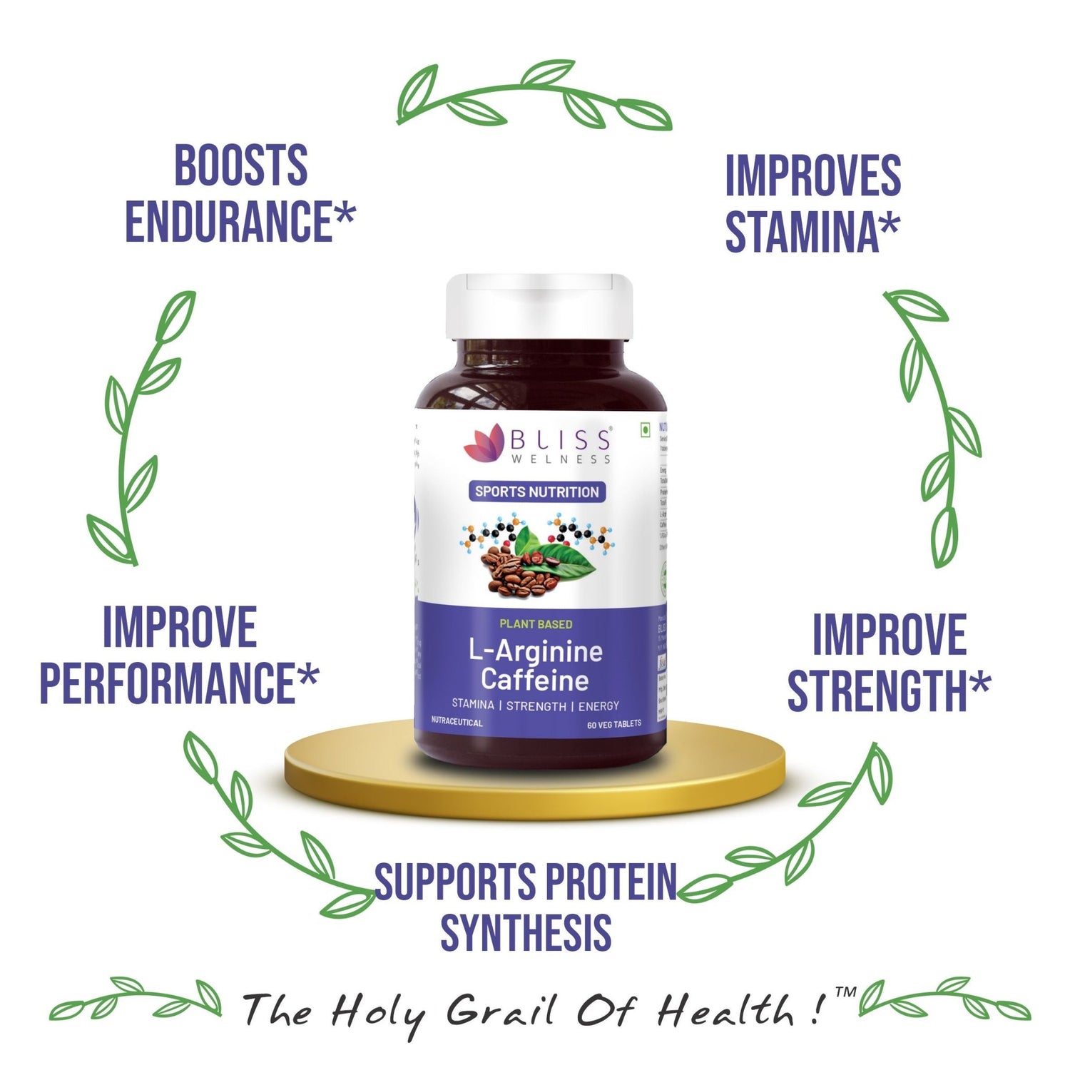 Bliss Welness JoshBliss Platinum Stamina Recovery Muscle Growth | L - Arginine Nitric Oxide & Caffeine 1300mg | Energy Gain Performance Pre & Post Workout Health Supplement - 60 Vegetarian Tablets - Bliss Welness