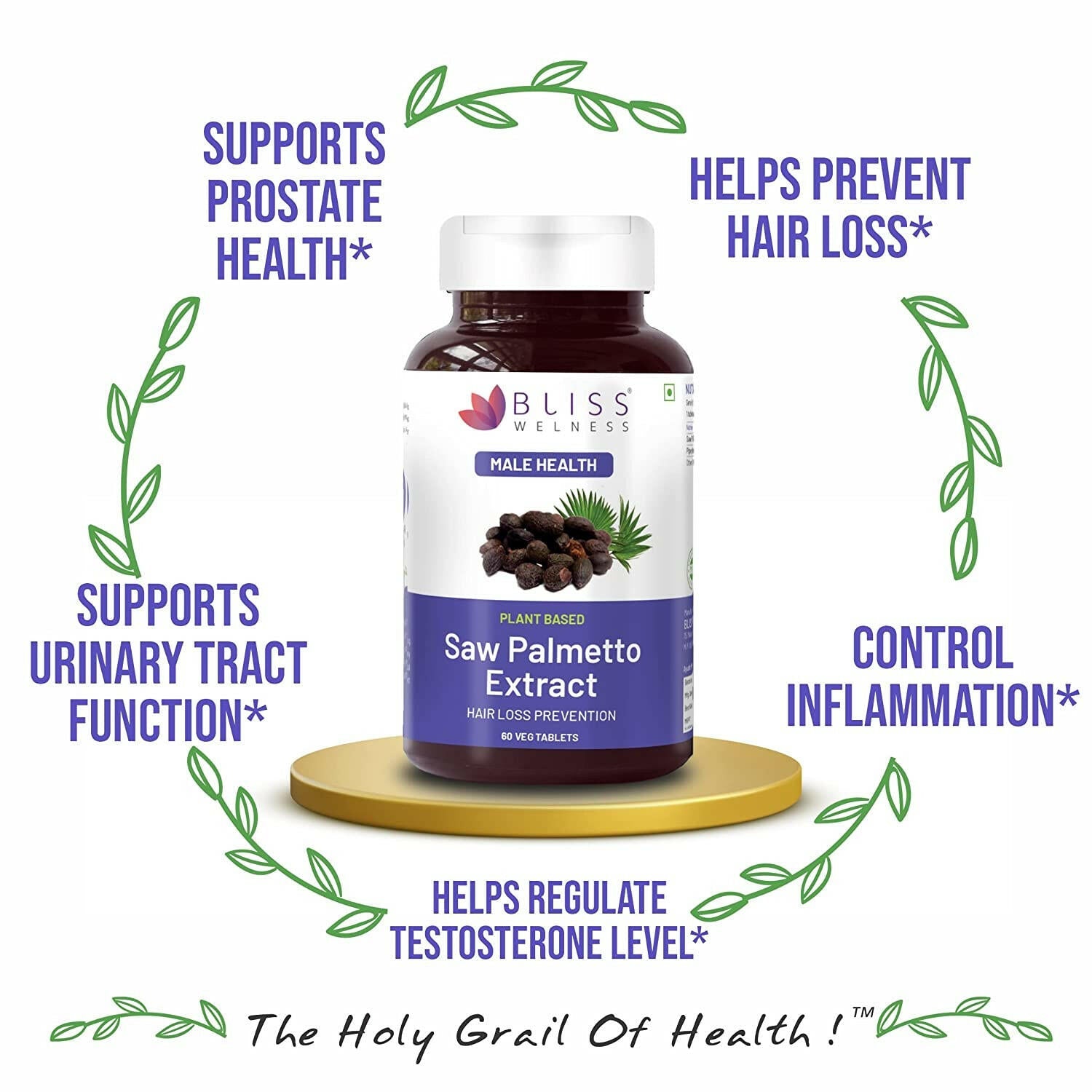 Bliss Welness JoshBliss Plus Prostate Health Healthy Hair Growth | Saw Palmetto Extract 800MG | Testosterone Booster Strong Hair Healthy Prostate Health Supplement - 60 Vegetarian Tablets - Bliss Welness