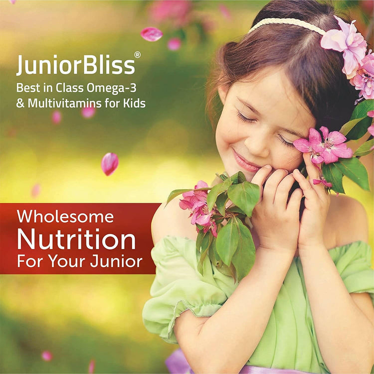 Bliss Welness JuniorBliss Gold Kids Omega 3 6 9 with Omega 3 300MG (DHA 100mg EPA 30mg ALA 170mg) Vitamin A C D E Multivitamin Supplement - Chocolate Flavor Syrup - Bliss Welness
