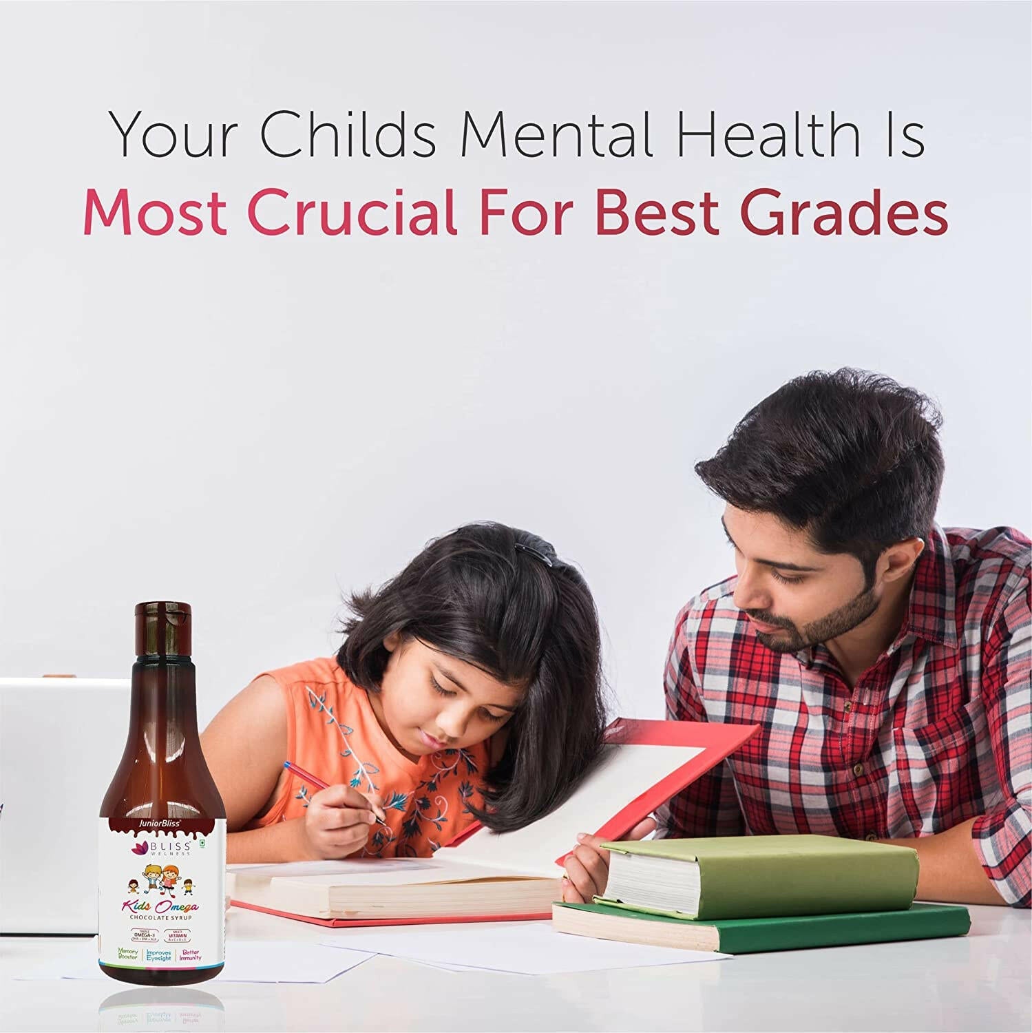 Bliss Welness JuniorBliss Gold Kids Omega 3 6 9 with Omega 3 300MG (DHA 100mg EPA 30mg ALA 170mg) Vitamin A C D E Multivitamin Supplement - Chocolate Flavor Syrup - Bliss Welness