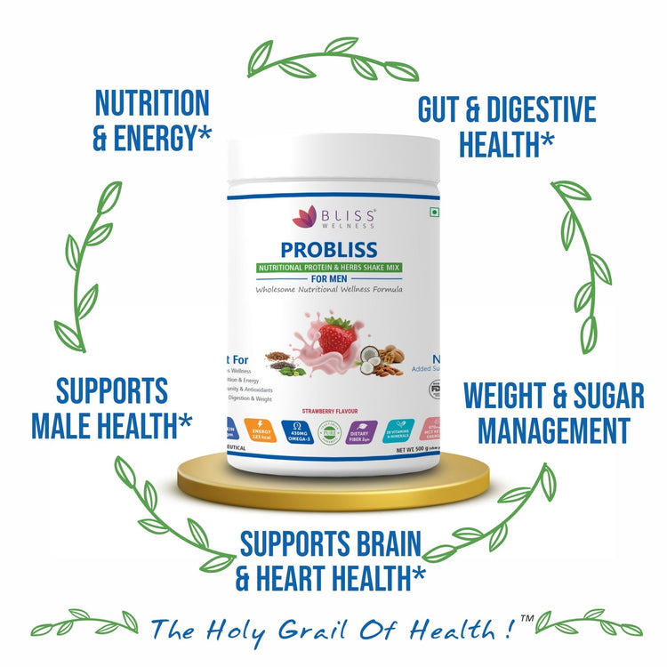 Bliss Welness Probliss Men Nutritional Protein and Herbs shake mix | High Concentration of Protein | Muscle Growth, Immunity Booster,Hearth Health and Stamina - 500gm Powder - Bliss Welness