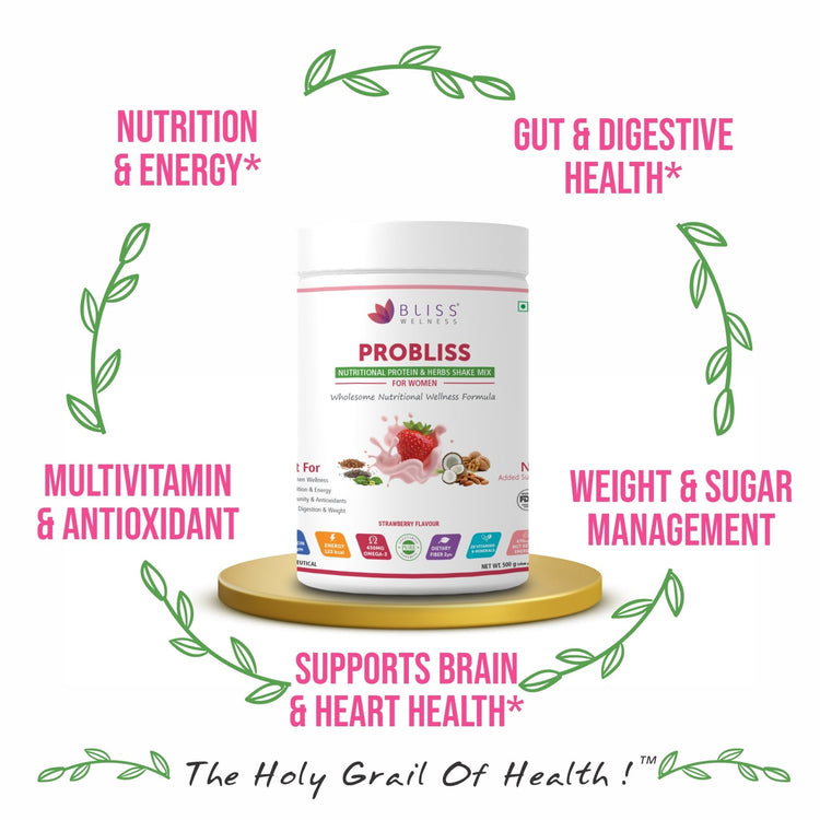 Bliss Welness Probliss Women Nutritional Protein and Herbs Shake Mix | High Concentration of Protein | Shatavari,Tulsi,Moinga,Piperine | Support Muscle Building, Stamina, and Gut Health - 500gm Powder - Bliss Welness