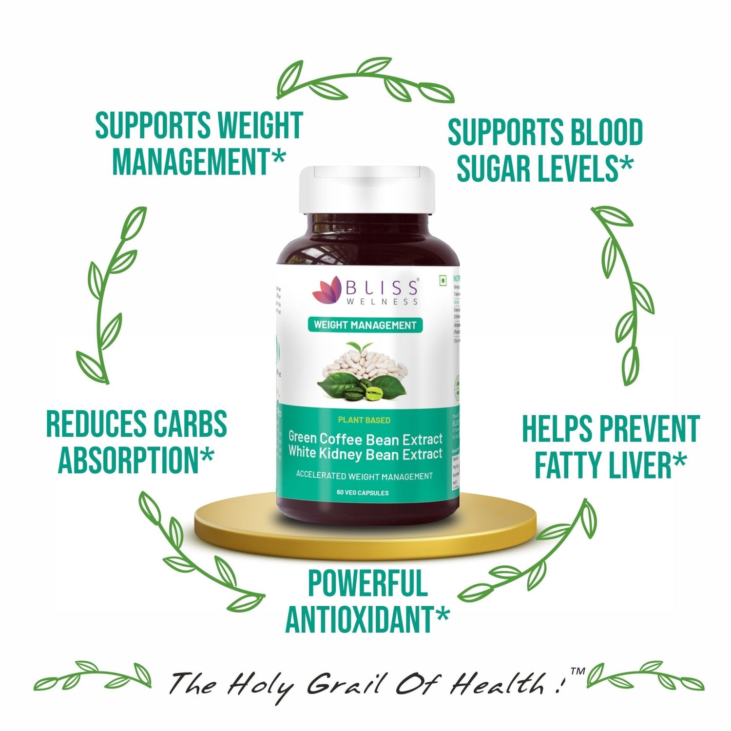 Bliss Welness SlimBliss Plus GCB + WKB Extract Weight Management Carb Control | Green Coffee Bean Extract 50% + White Kidney Bean Extract | Carbohydrate Blocker Supplement - 60 Vegetarian Capsules - Bliss Welness