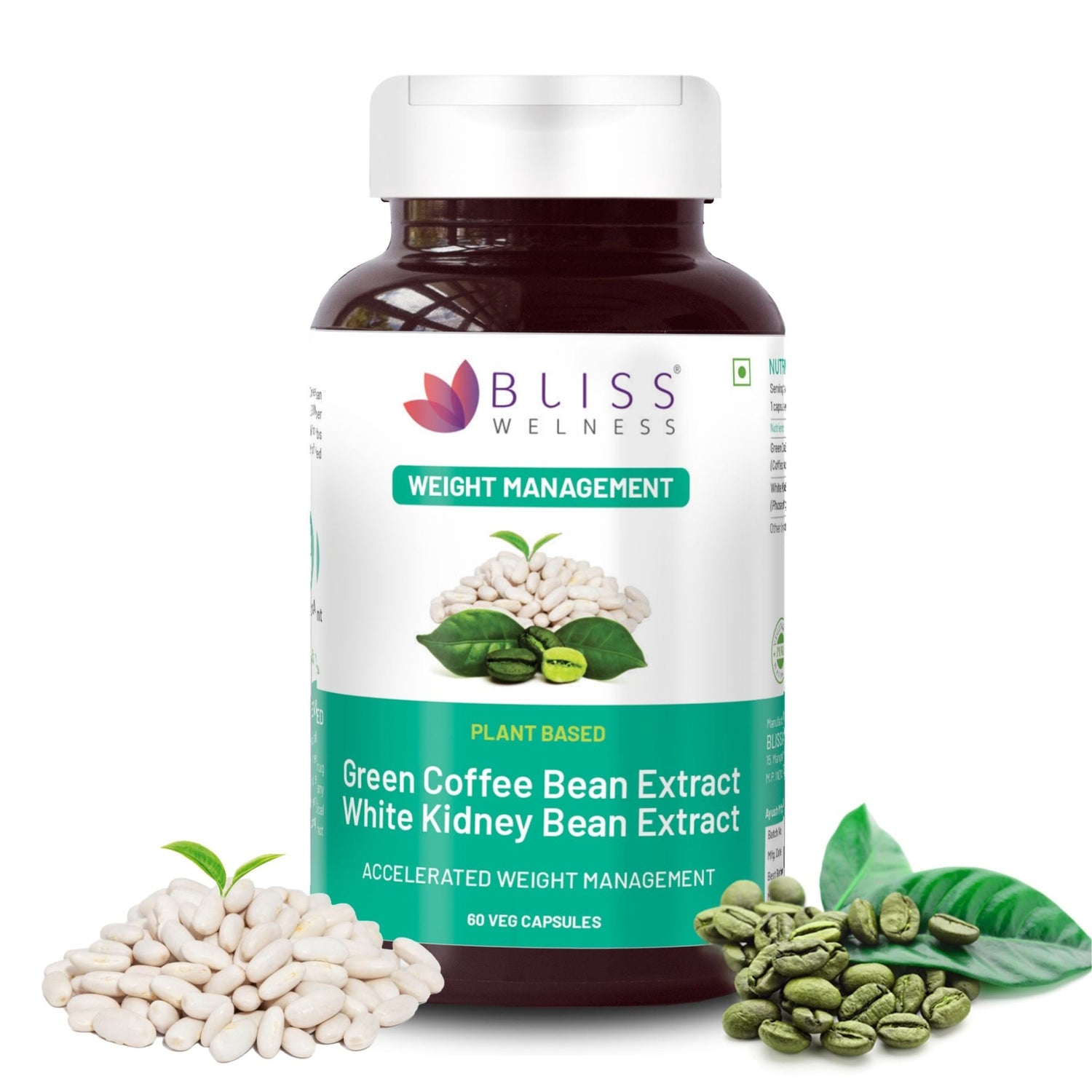 Bliss Welness SlimBliss Plus GCB + WKB Extract Weight Management Carb Control | Green Coffee Bean Extract 50% + White Kidney Bean Extract | Carbohydrate Blocker Supplement - 60 Vegetarian Capsules - Bliss Welness
