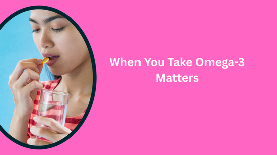 Woman taking an omega-3 supplement capsule with water, illustrating the best time to take omega-3 supplements.