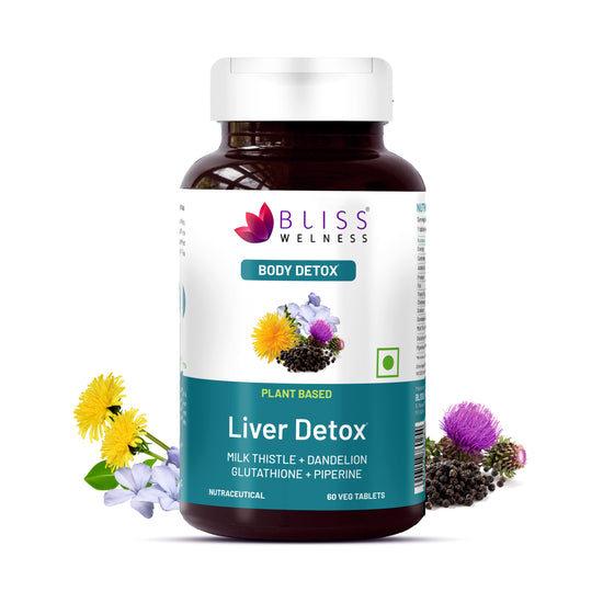 Bliss Welness DetoxBliss Liver Detox Cleanse Purifier | Milk Thistle Silymarin Dandelion Glutathione | Fatty Liver Protection Liver Care Alcohol Detox Herbal Supplement - 60 Veg Tablets