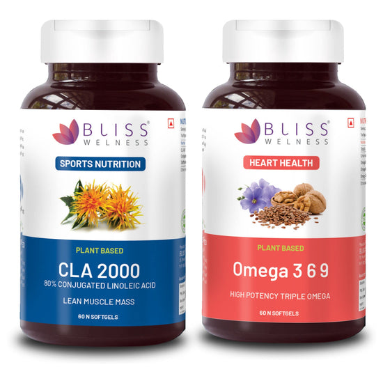 Bliss Welness CLA 2000 (Conjugated Lenoleic Acid) Lean Muscle Build + Cardio Bliss Pure Omega 3 with Omega 6 & Omega 9 2000MG Combo Pack - 60+60 Softgel Capsules
