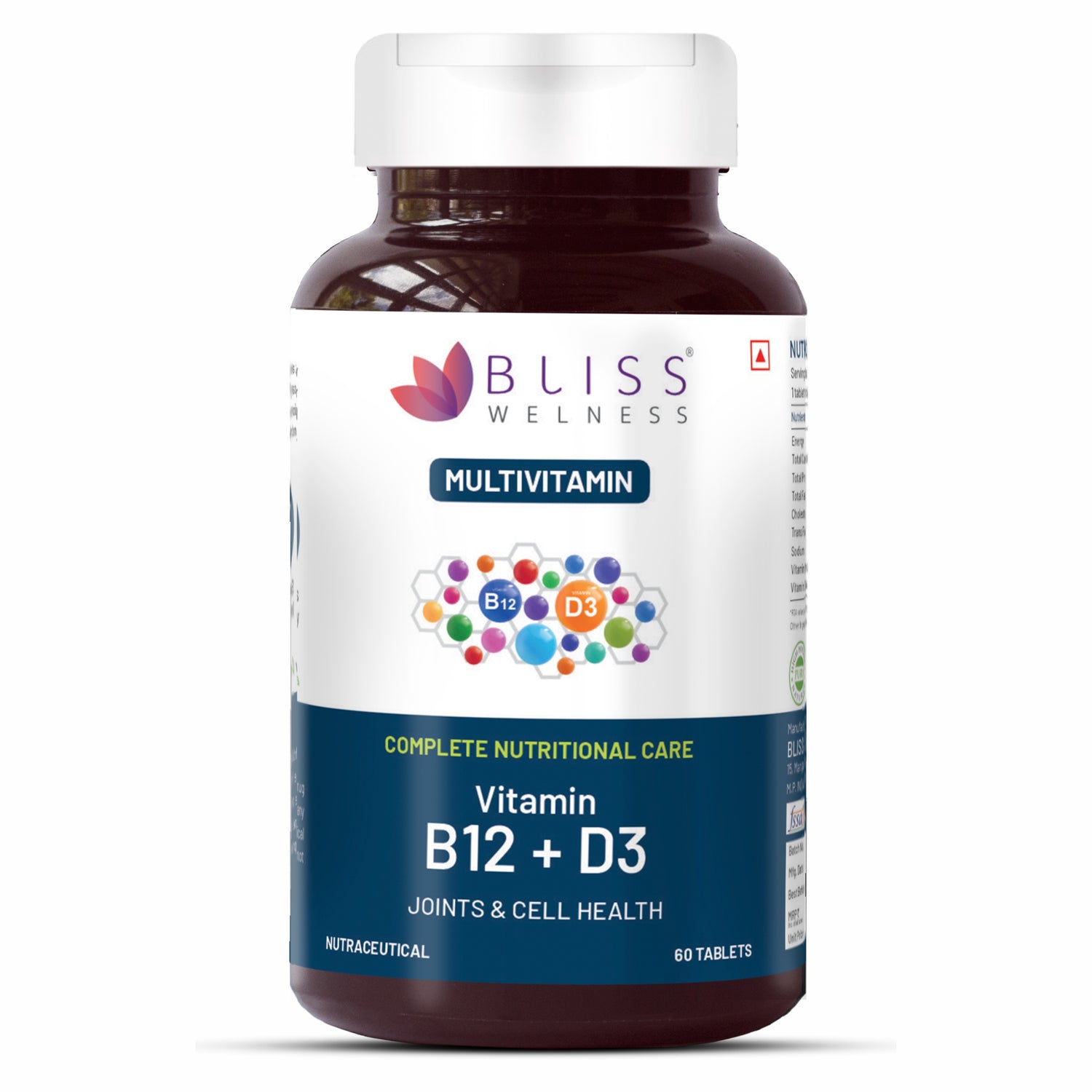 Bliss Welness VitaBliss B12+D3 Vitamin | For Bone, Immune and Cognitive Health | Complete Nutritional Care Supplement - 60 Tablets 