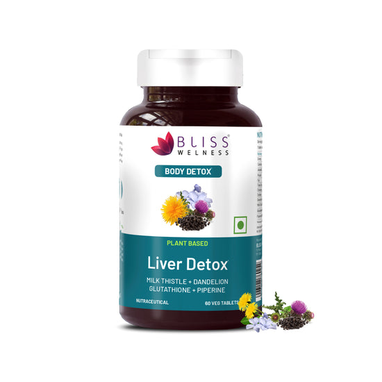 Bliss Welness DetoxBliss Liver Detox Cleanse Purifier | Milk Thistle Silymarin Dandelion Glutathione | Fatty Liver Protection Liver Care Alcohol Detox Herbal Supplement - 60 Veg Tablets
