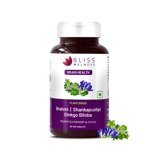 Bliss Welness BrainBliss health tablet for Memory Focus Mood | Brahmi Shankpushpi Ginkgo Biloba & Piperine | Cognitive Development Alertness Anti Anxiety Supplement - 60 Veg Tablets