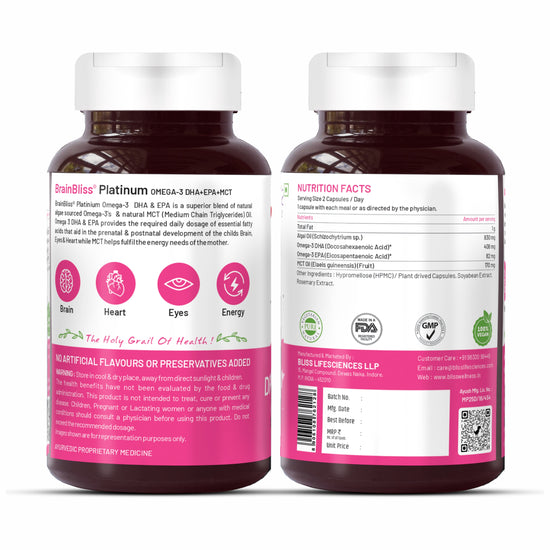 Bliss Welness BrainBliss Platinum DHA+ EPA+ MCT Prenatal Postnatal Mother & Child Care | Omega 3 DHA EPA MCT from Algae Oil | For Pregnant & Lactating Mothers | Brain Heart Overall Development of Mother & Child Health Supplement - 60 Vegetarian Capsules