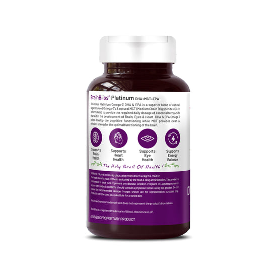 Bliss Welness BrainBliss Platinum Plant Based DHA+ EPA+ MCT  |  For Brain Heart & Eye Health Development Health Supplement - 60 Vegetarian Capsules