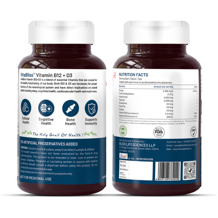 VITAMIN B12+ D3 For Overall Support - The premium formula contains high quality forms of Vitamin B12 & D3 ensuring proper calcium absorption, optimal strength to the body, ideal overall health and healthy immune responses.