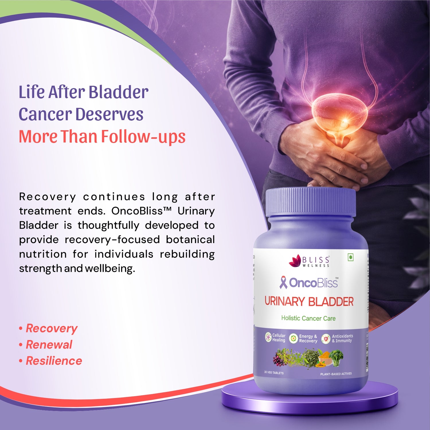 OncoBliss Urinary Bladder Holistic Cancer Care supplement bottle displayed 