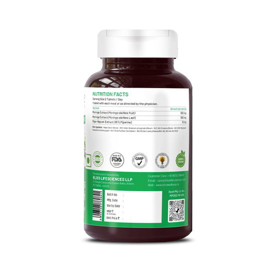 Bliss Welness ImmuneBliss Moringa Superfood Immunity Booster | Pure Moringa Fruit & Leaves Extract + Biopiperine | Antioxidant Blood Sugar Cholesterol Management Supplement - 60 Vegetarian Tablets