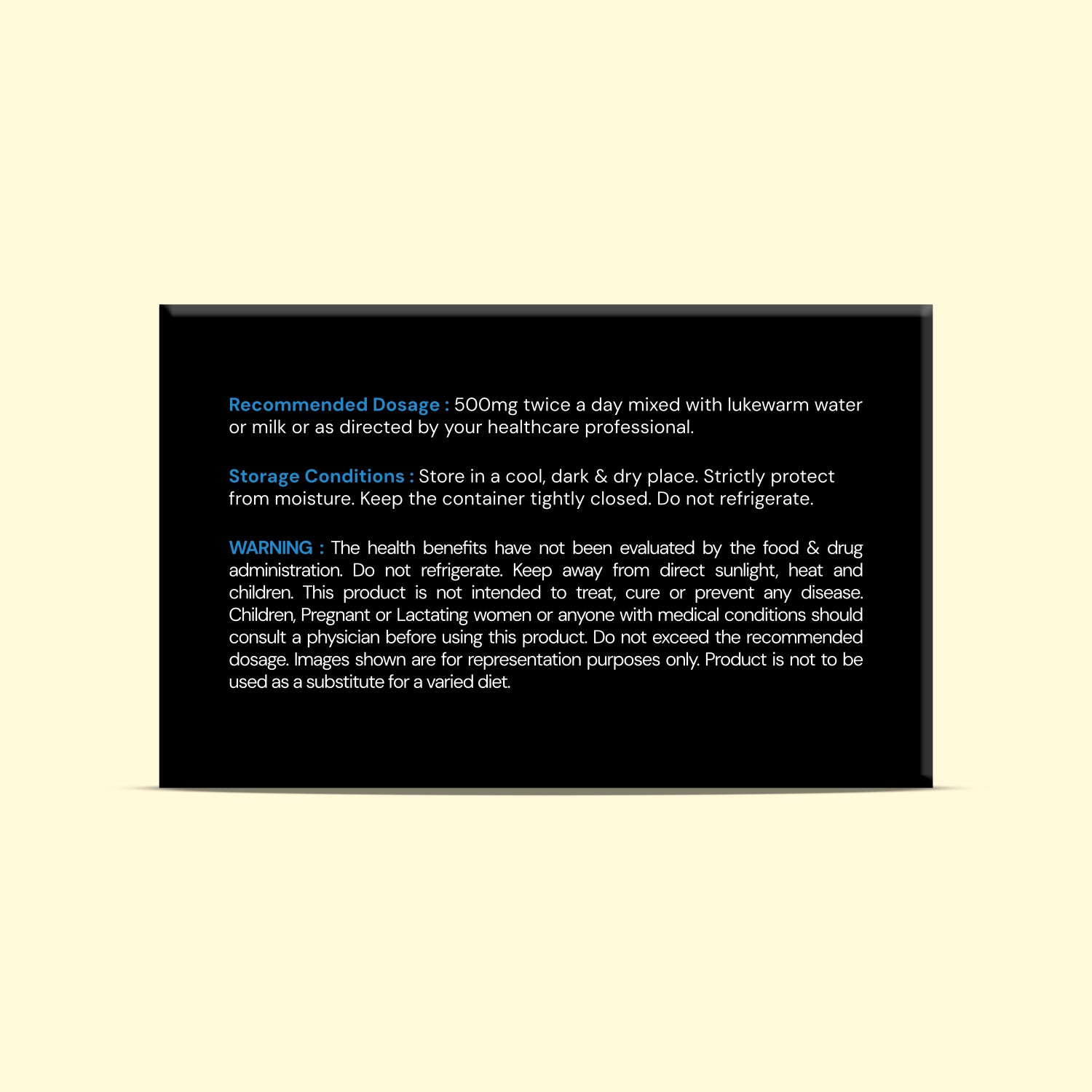 Black box with white text on a beige background