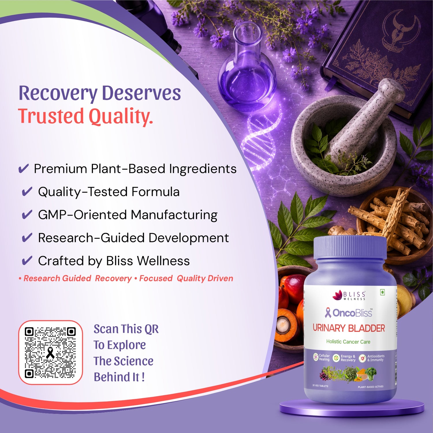 OncoBliss Urinary Bladder health cancer care supplement bottle shown on a purple promotional graphic with herbal ingredients, a mortar and pestle, and text highlighting trusted quality and premium plant-based ingredients.