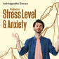 Man with closed eyes and arms raised against a beige background with text about Ashwagandha Extract&