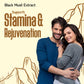 Couple embracing with text about Black Musli Extract supporting stamina and rejuvenation on a beige background.