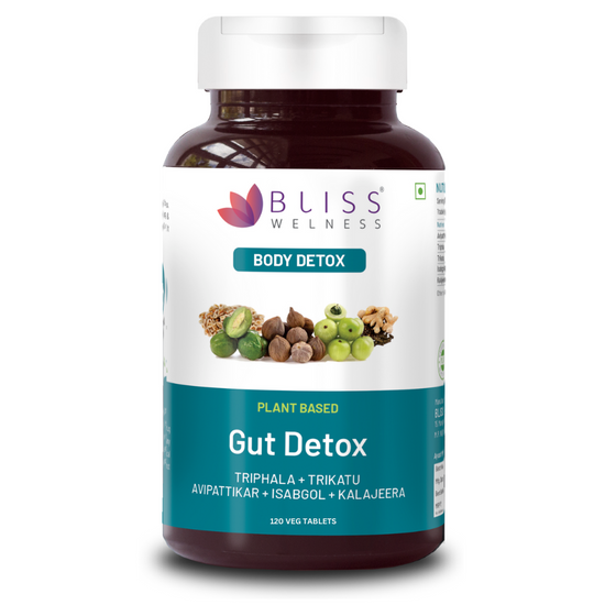 A bottle of Bliss Welness DetoxBliss Gut Detox health supplement tablets, with a label showing the brand name, product name, and an image of the tablets.