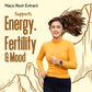 Woman in athletic wear running with text about Maca Root Extract benefits on a beige background