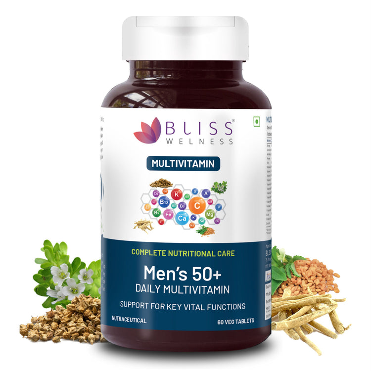 Bliss Welness VitaBliss Men’s 50+ Daily Multivitamins & Herbs For Men|With Vitamin A C D E K B1 B2 B3 B6 B12 B5,Calcium,Magnesium,Zinc,Biotin,Brahmi,Ginkgo,Gokhru, Safed Musli, Kaunch | Supports Bone, Heart, Mental, Prostate & Male Health- 60 Veg Tablets