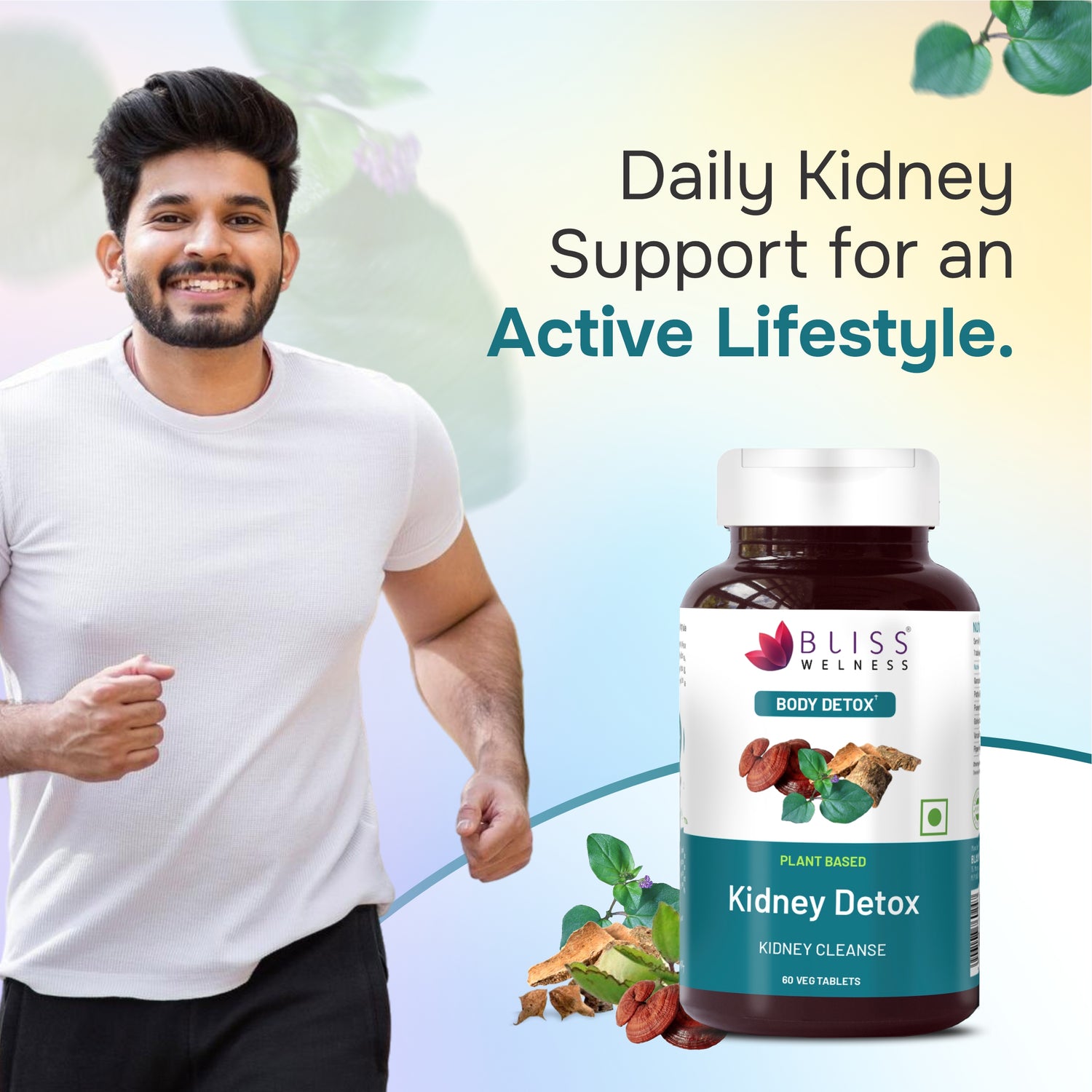Man exercising outdoors in an active lifestyle with a bottle of Bliss Wellness Kidney Detox supplement 