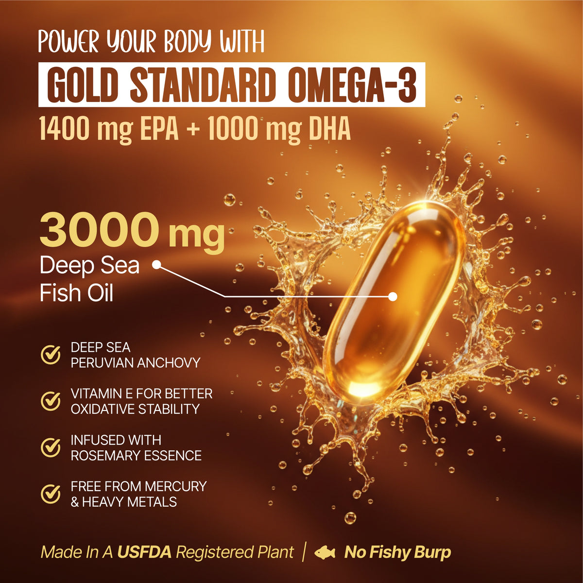 Gold Standard Omega-3 supplement capsule. 3000 mg Deep Sea Fish Oil Supplement