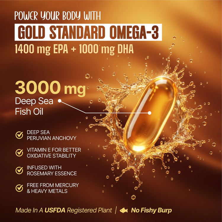 Gold Standard Omega-3 supplement capsule. 3000 mg Deep Sea Fish Oil Supplement