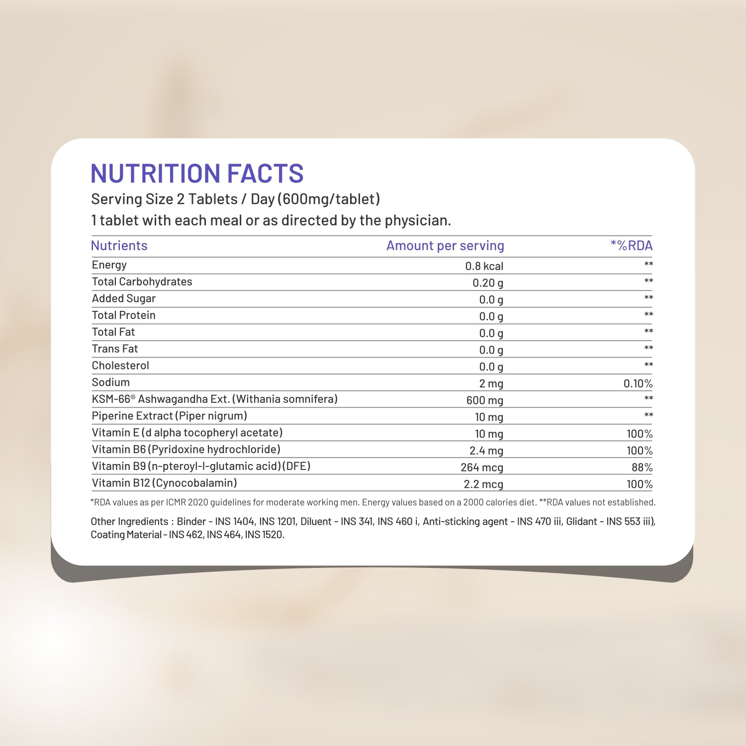 Nutrition facts Ashwagandha supplement 