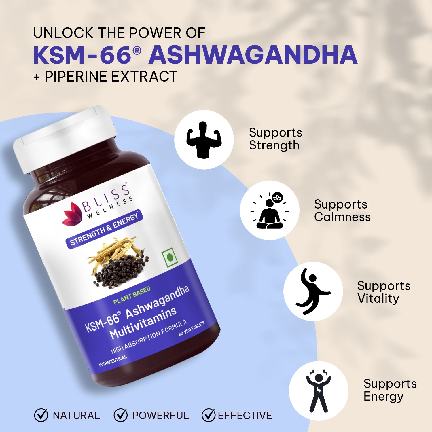 Bliss Wellness KSM-66 Ashwagandha supplement with benefits listed