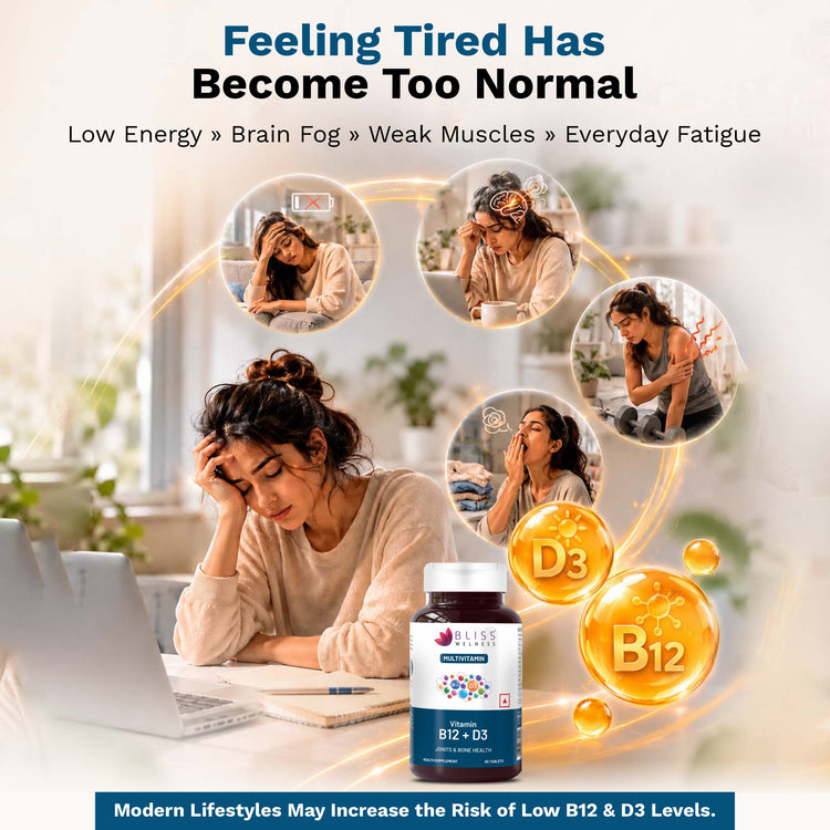 Woman feeling tired with a supplement bottle 