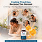 Woman feeling tired with a supplement bottle 