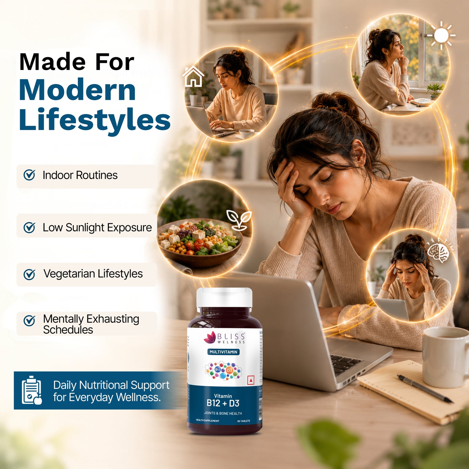 Bottle of vitamins on a desk with a woman working at a laptop, surrounded by lifestyle icons.