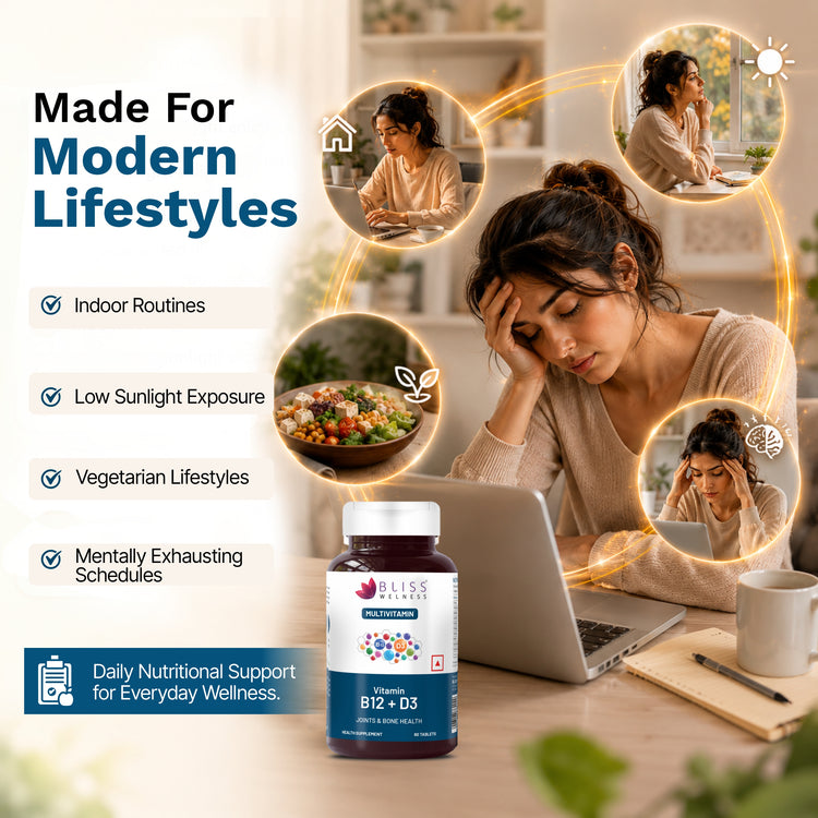 Bottle of vitamins on a desk with a woman working at a laptop, surrounded by lifestyle icons.
