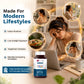 Bottle of vitamins on a desk with a woman working at a laptop, surrounded by lifestyle icons.