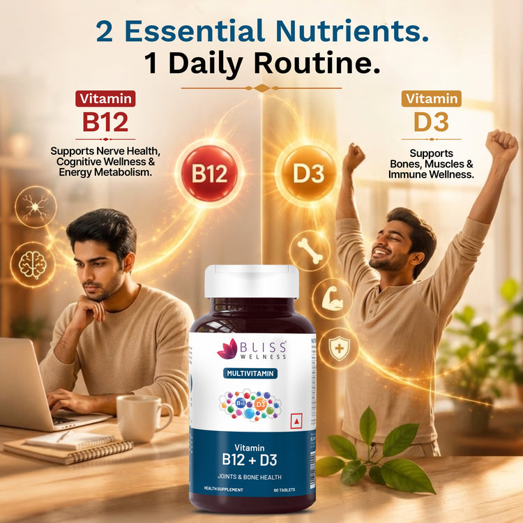 Multivitamin bottle with vitamins B12 and D3, two people in a home office setting.