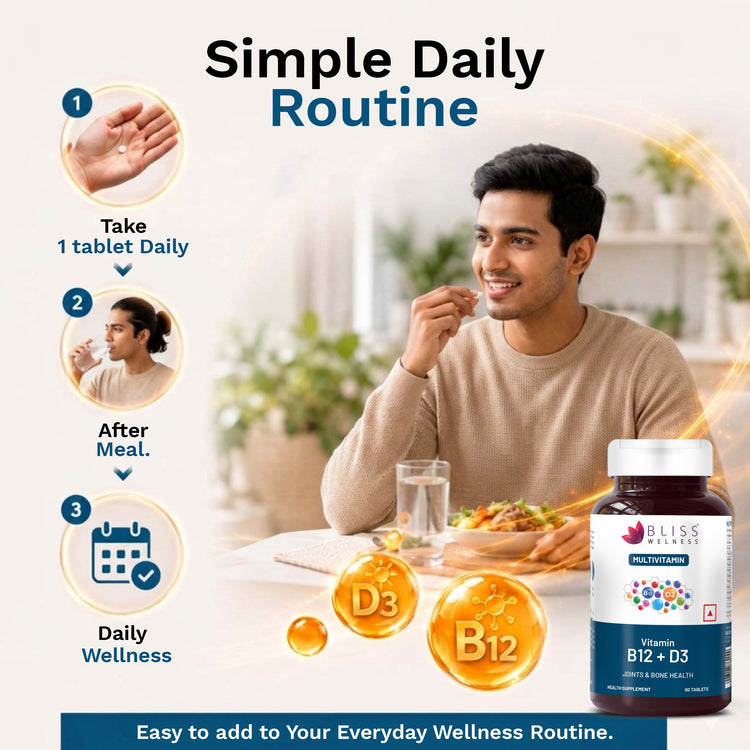 Man eating a meal with a bottle of Bliss Nutritions Vitamin B12 + D3 supplement 