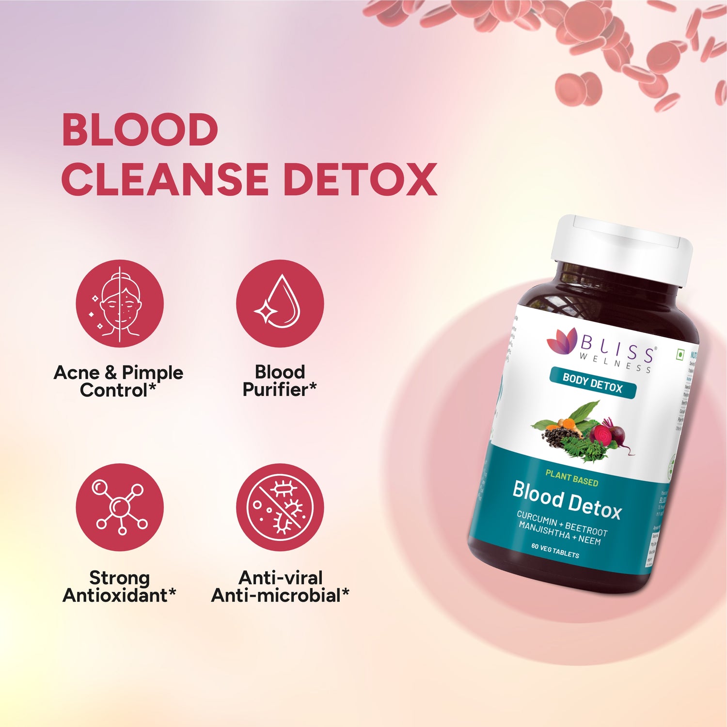 Bliss Wellness Blood Detox supplement bottle with benefits