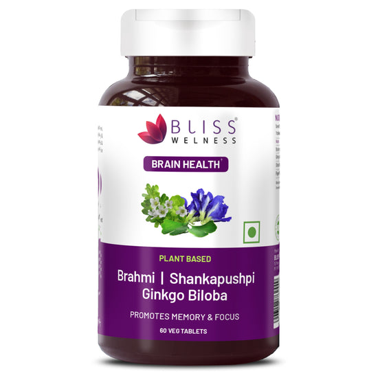 Bliss Welness BrainBliss health tablet for Memory Focus Mood | Brahmi Shankpushpi Ginkgo Biloba & Piperine | Cognitive Development Alertness Anti Anxiety Supplement - 60 Veg Tablets